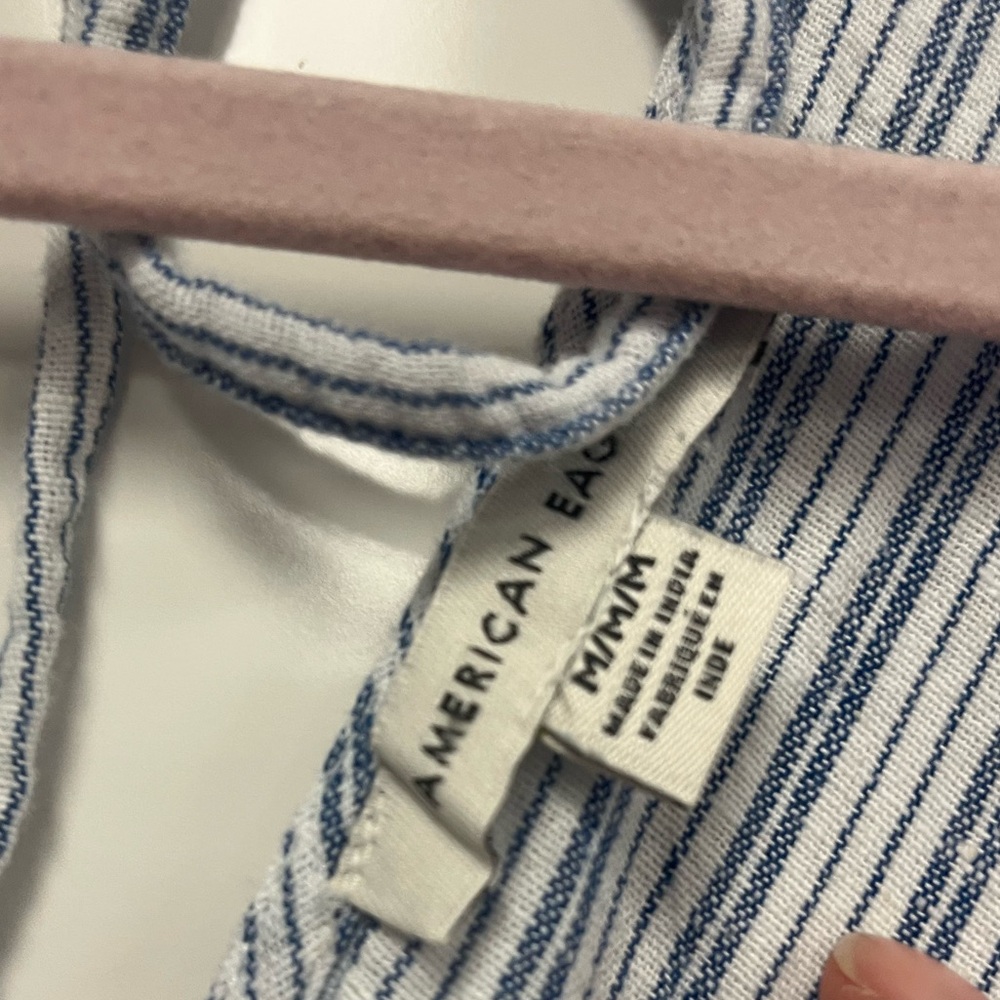 American Eagle Blue and White Cotton Linen Striped Mini Ruffled Dress Size M - Picture 4 of 9